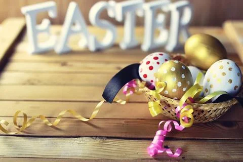 Easter composition flower and eggs various vintage elements on old worn ba... Stock Photos