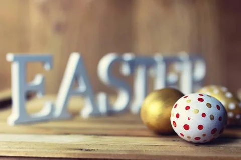 Easter composition flower and eggs various vintage elements on old worn ba... Stock Photos