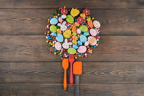 Easter composition with gingerbread and culinary utensils Stock Photos