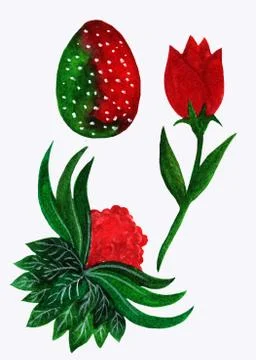 Easter composition. Green and red egg and flowers. Hand-drawn. Stock Illustration