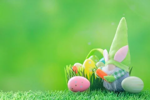 Easter composition on green with copy space. Stock Photos