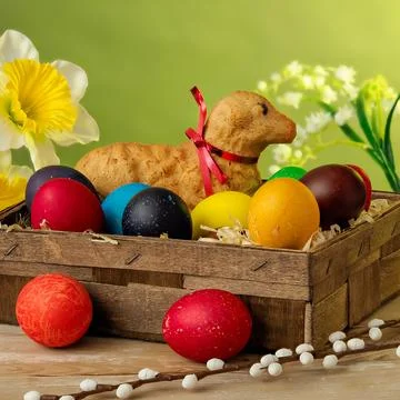 Easter composition, lamb made of bread, eggs painted in different colors Stock Photos