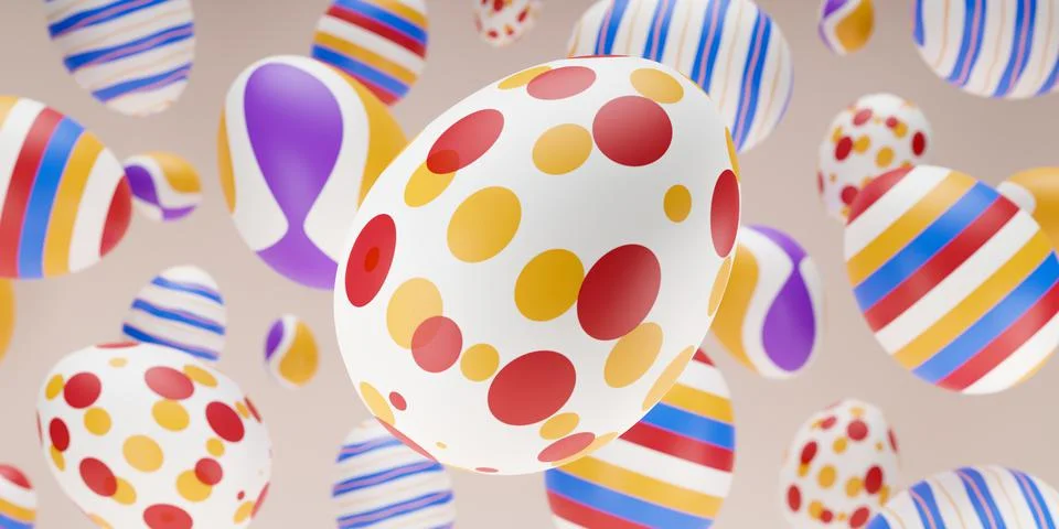 Easter composition with levitation 3d rendering colorful egg. Happy easter cr Stock Illustration