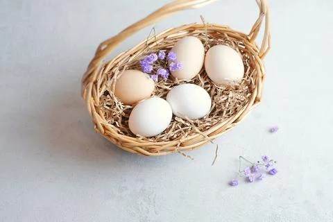 Easter composition on a light concrete background, easter concept Stock Photos
