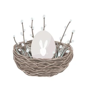 Easter composition with a nest, an egg, and pussy willow branches. Scandinavian Stock Illustration