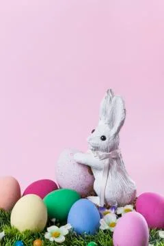 Easter composition of painted eggs and bunny vertical Stock Photos