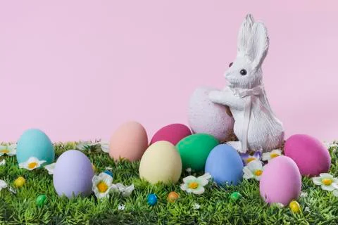 Easter composition of painted eggs and bunny Stock Photos