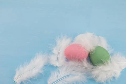 Easter composition with the painted eggs on the blue background. Stock Photos