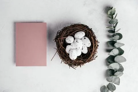 Easter composition of pink blank empty postcard on white background and qua.. Stock Photos