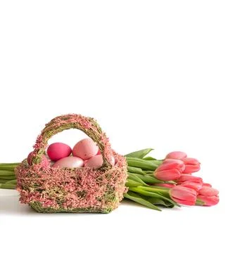 Easter composition with pink eggs in a basket and tulips isolated on a white  Stock Photos