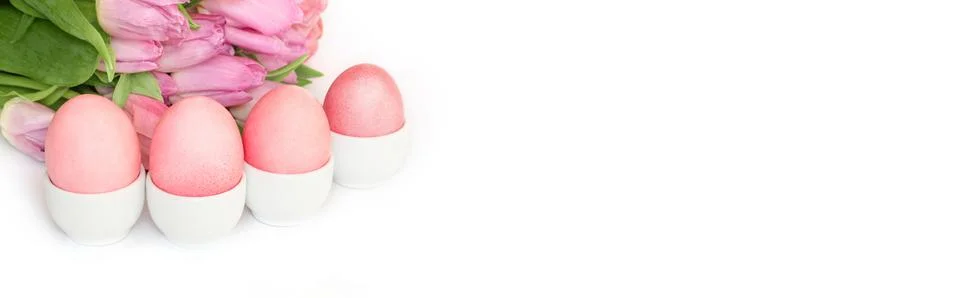 Easter composition. Pink eggs in a stand and tulips on a white background.  Stock Photos
