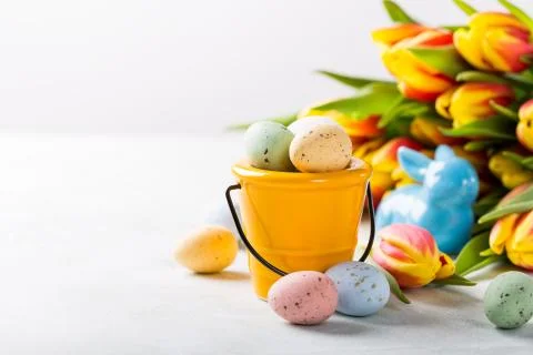 Easter composition with quail eggs and tulips Stock-Fotos