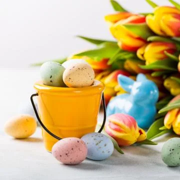 Easter composition with quail eggs and tulips Stock-Fotos