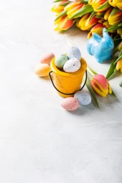 Easter composition with quail eggs and tulips Stock Photos