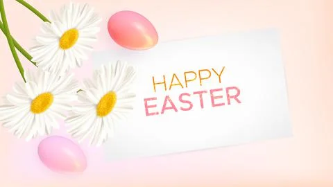 Easter composition with realistic Easter eggs and daisies on pink background Stock Illustration