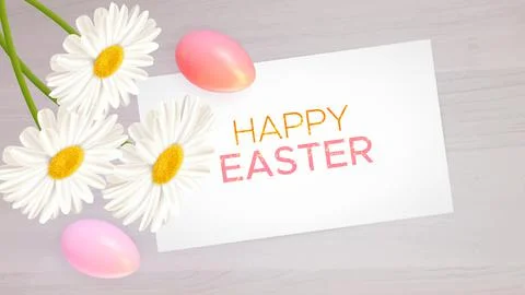 Easter composition with realistic Easter eggs and daisies on wood background Stock Illustration