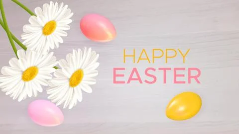 Easter composition with realistic Easter eggs and daisies on wood background Stock Illustration