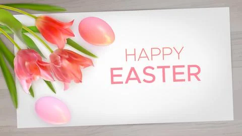 Easter composition with realistic pink tulips, Easter eggs on wood background Illustrazione stock