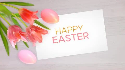 Easter composition with realistic pink tulips, Easter eggs on wood background Stock Illustration