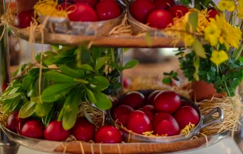 Easter composition with red eggs Stock Photos