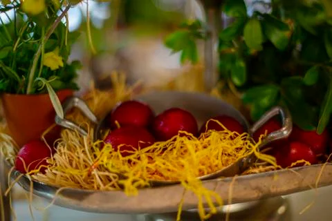 Easter composition with red eggs Stock Photos