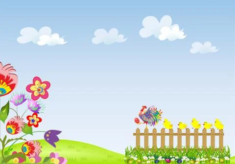 Easter composition with rooster and chickens Stock Illustration