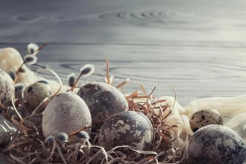 Easter composition - several marble eggs painted with natural dyes in a paper Stock Photos