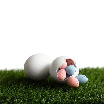 Easter composition with small painted eggs in a hatched white chicken egg  Foto stock