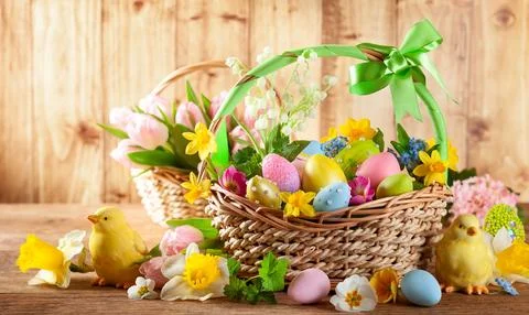 Easter composition spring flowers  and colorful Easter eggs in basket. Stock Photos