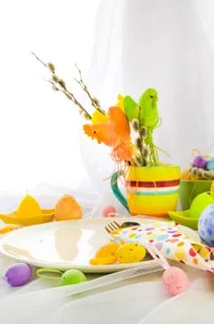 Easter composition table tableware person Stock Photos