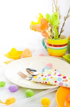 Easter composition table tableware person Stock Photos