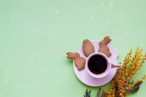 Easter composition top view. Homemade biscuits in the form of a bunny, chicken Stock Photos