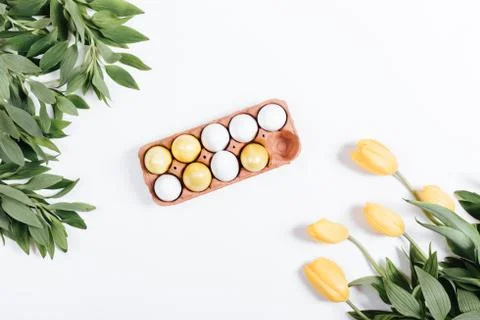 Easter composition: a tray with colored eggs and tulips on white background Stock Photos