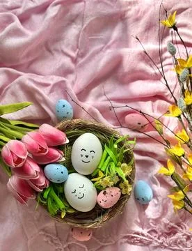 Easter Composition with Tulips and Cute Eggs Stock Photos