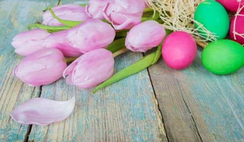 Easter composition with tulips and multicolored eggs Stock Photos