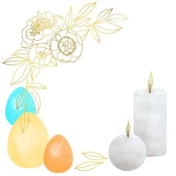 Easter composition with two watercolor burning candles and three painted eggs Stock Illustration