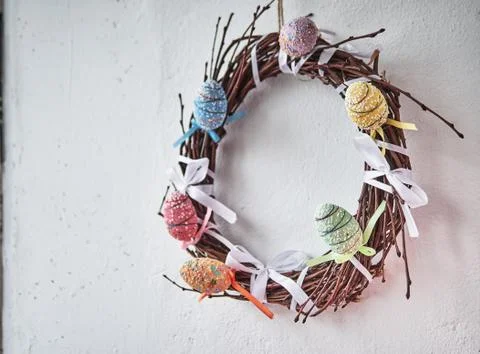 Easter composition on white background, Easter background with Easter eggs Stock Photos