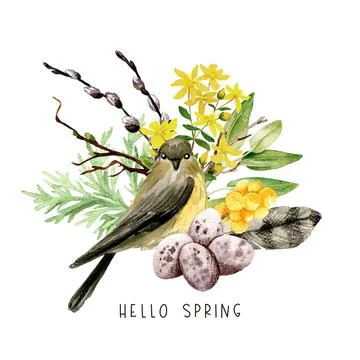 Easter composition with willow, bird, yellow flowers Illustrazione stock