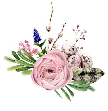 Easter composition with willow, chick and feather. Stock Illustration
