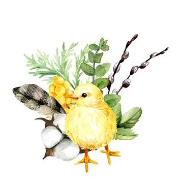 Easter composition with willow, chick and feather Illustrazione stock