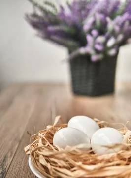 Easter composition on wooden background, Easter background with Easter eggs Stock Photos