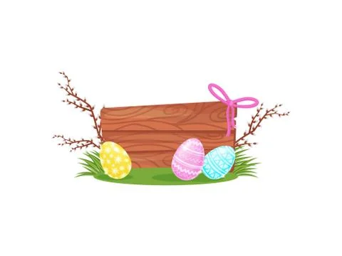 Easter composition with wooden board, painted eggs on green grass and pussy Illustrazione stock