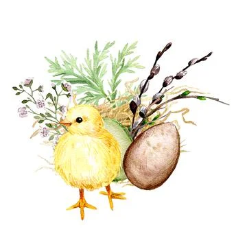 Easter composition with yellow chick, Hand drawn illustration. Illustrazione stock