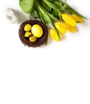 Easter composition with yellow eggs in a nest, tulips and a rabbit  Stock Photos
