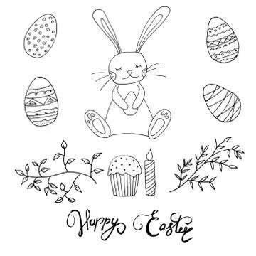 Easter concept. Bunny with eggs, cake, candle and leaves. Hand drawn style. Stock Illustration