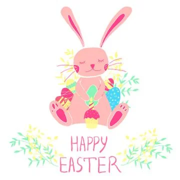 Easter concept. Bunny with eggs, cake and candle. Hand drawn style Stock Illustration