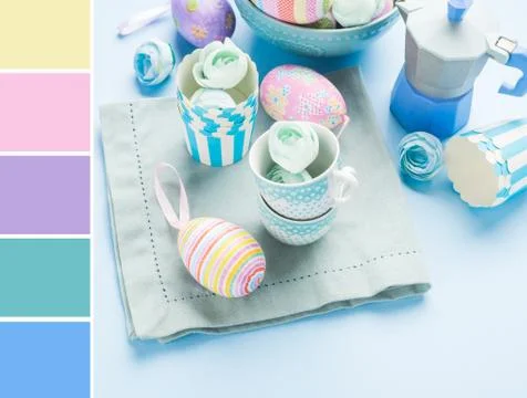Easter concept with cake and eggs. Color swatch Stock Photos