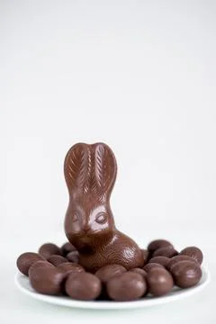 Easter concept - close up of chocolate Easter bunny and eggs with copy space Stock Photos