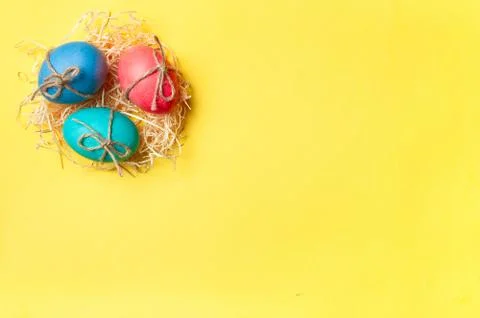 Easter concept, copy space, top view, yellow background 스톡 사진