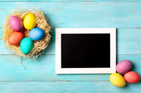 Easter concept, copy space, top view, blue wood Stock Photos